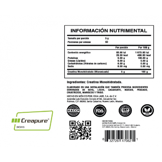 100% Creatine Creapure 60servs. De Ultra Pure Labs