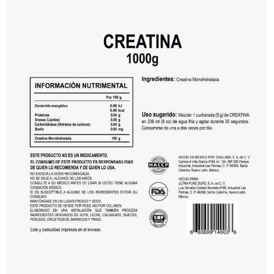 Creatine RAW Ingredients 1KG de Ultra Pure Labs